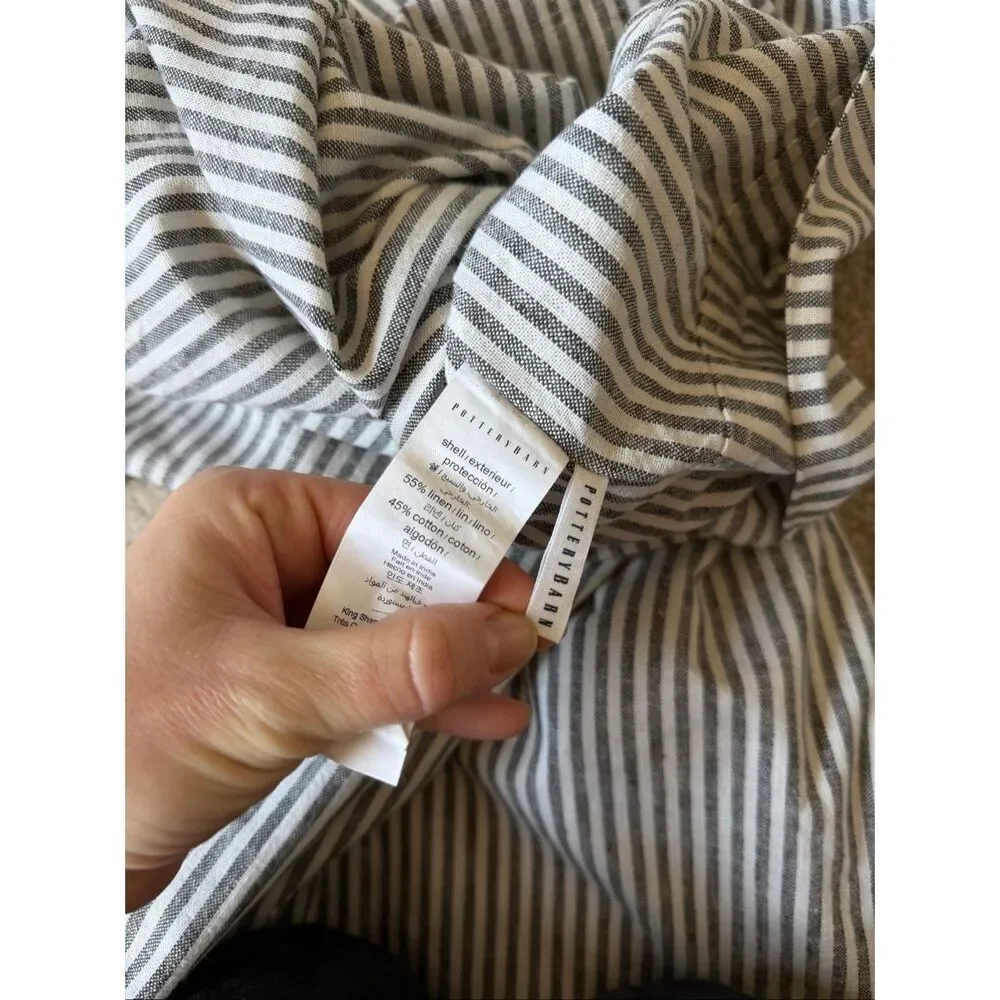 POTTERY BARN Wheaton Striped Cotton Linen Shams Set of 2 Chambray King Gray Whit